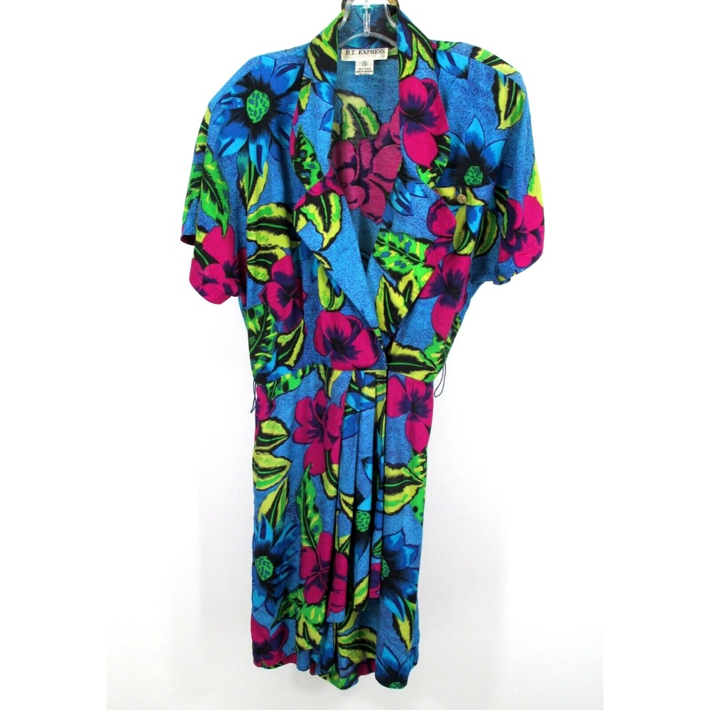 B.T. Express Vintage 90s Blue Floral Tropical Belted Shorts Romper Womens 7/8